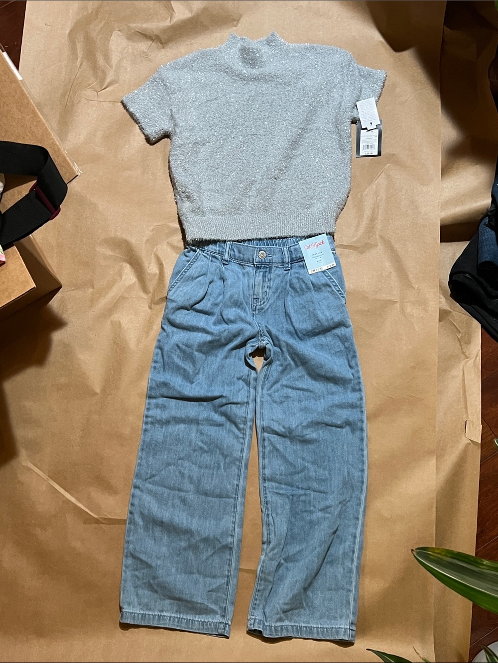 Target Light Blue Relaxed Kids Jeans with Gray Sparkle Top